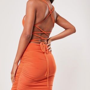 Orange Slinky Lace Up Back Mini Dress